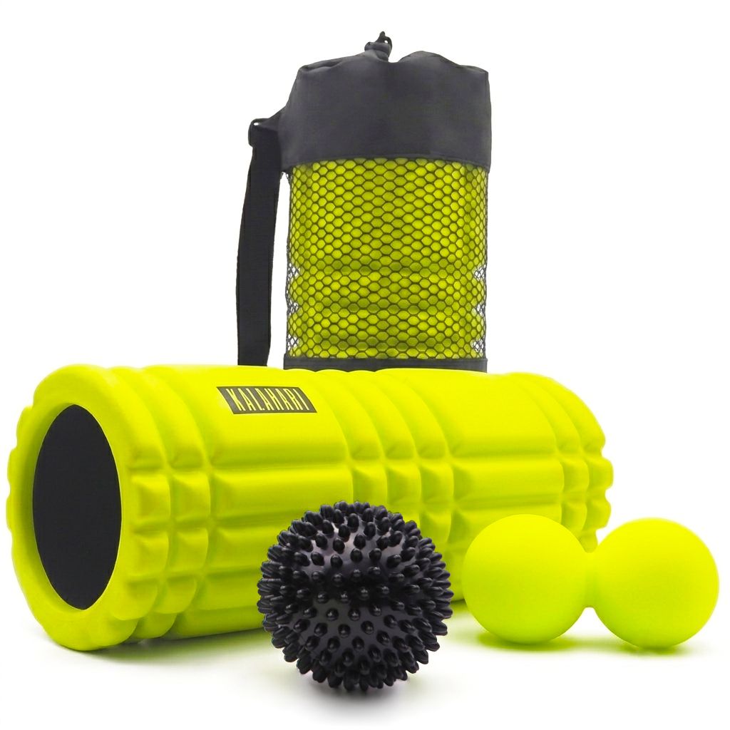 Ensemble rouleau de fascia : rouleau jaune, balle à picots noire, balle double jaune et sac noir.