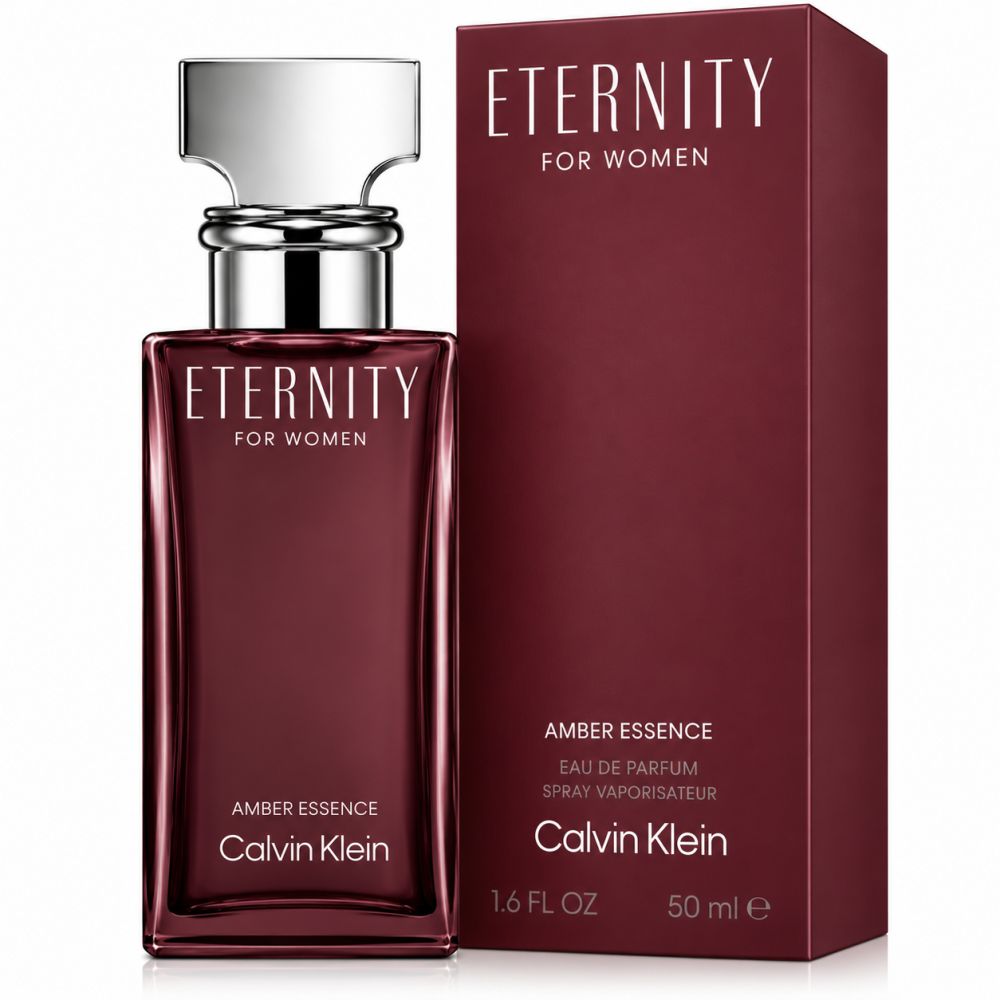 Calvin Klein Eternity Amber Essence Eau de Parfum voor dames, 50 ml. Donkerrode glazen fles met zilveren dop en bijpassende doos.