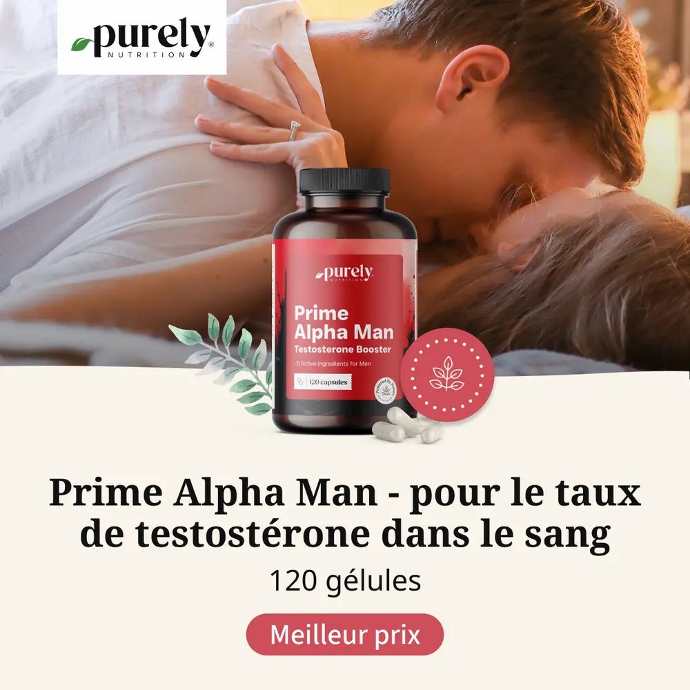 Flacon de produit avec capsules. Texte : Prime Alpha Man, 120 gélules. Logo : purely nutrition. Fond : couple.