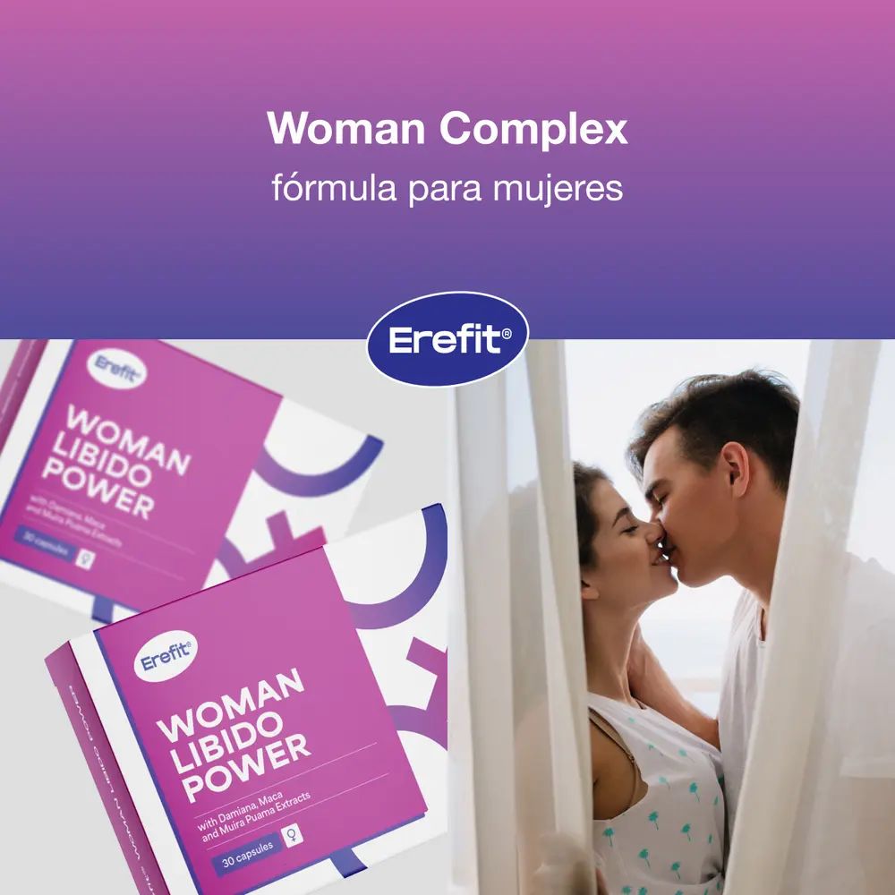Couple s'embrassant. Deux boîtes de produits: Woman Libido Power. Logo et nom du produit. Fond violet.