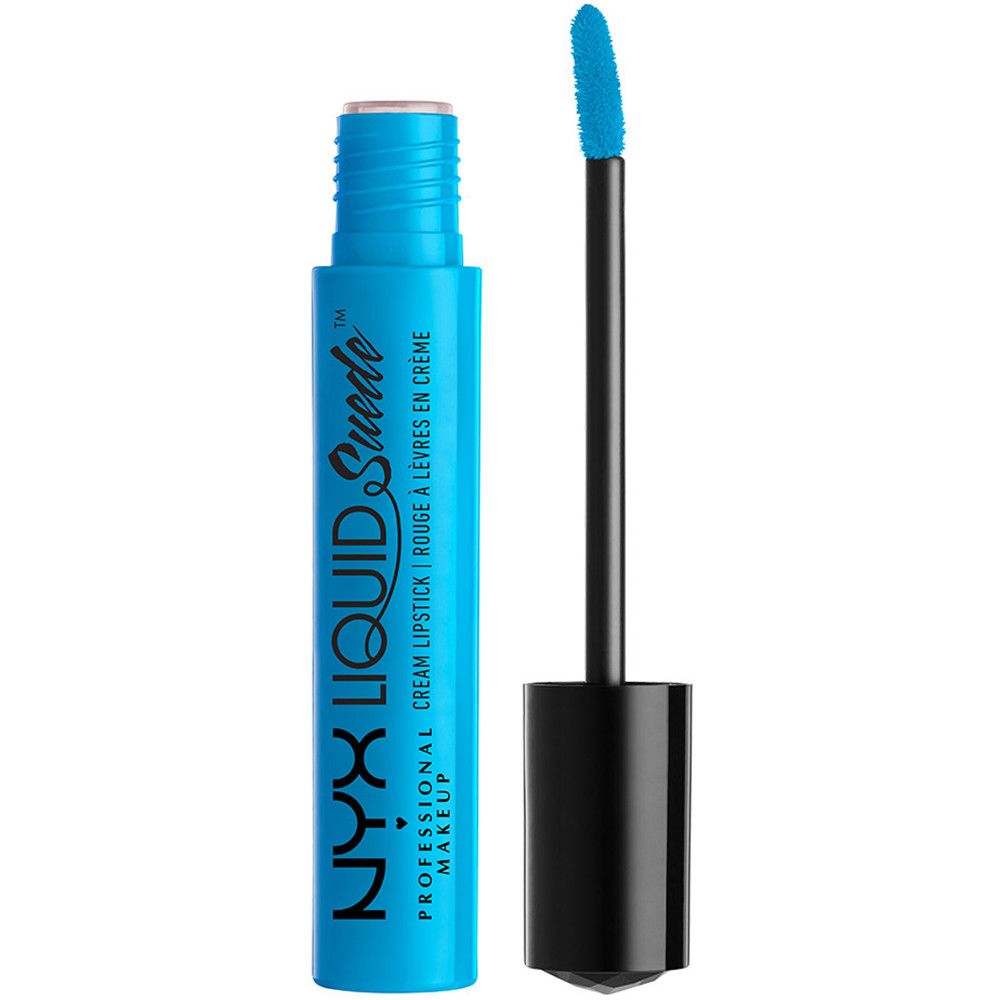 Blauwe Nyx Liquid Suede crème lipstick fles met applicator. Zwarte steel, blauwe punt. Productnaam en merk zichtbaar.