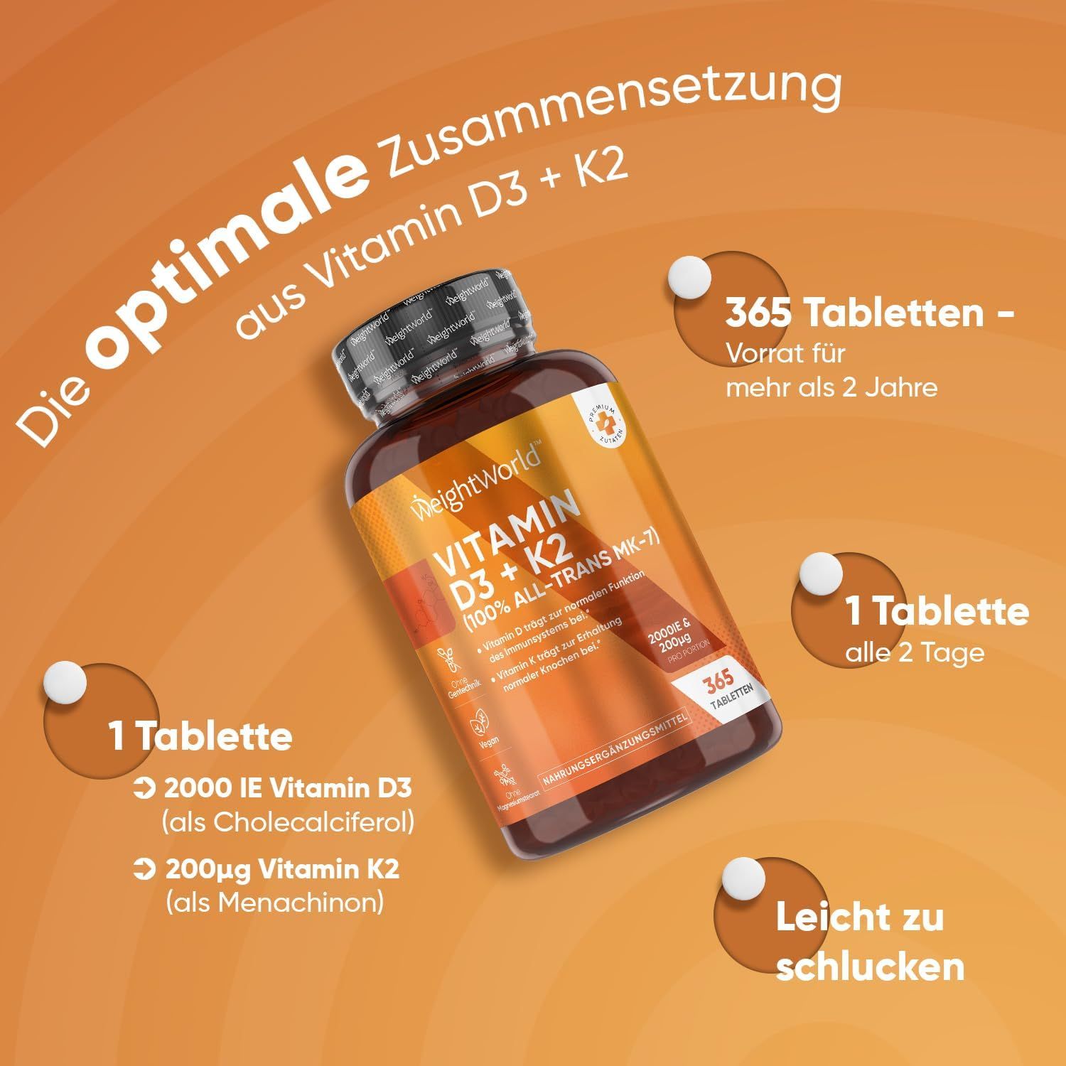 Bouteille WeightWorld Vitamine D3+K2, 365 comprimés, 2000 UI D3, 200µg K2.