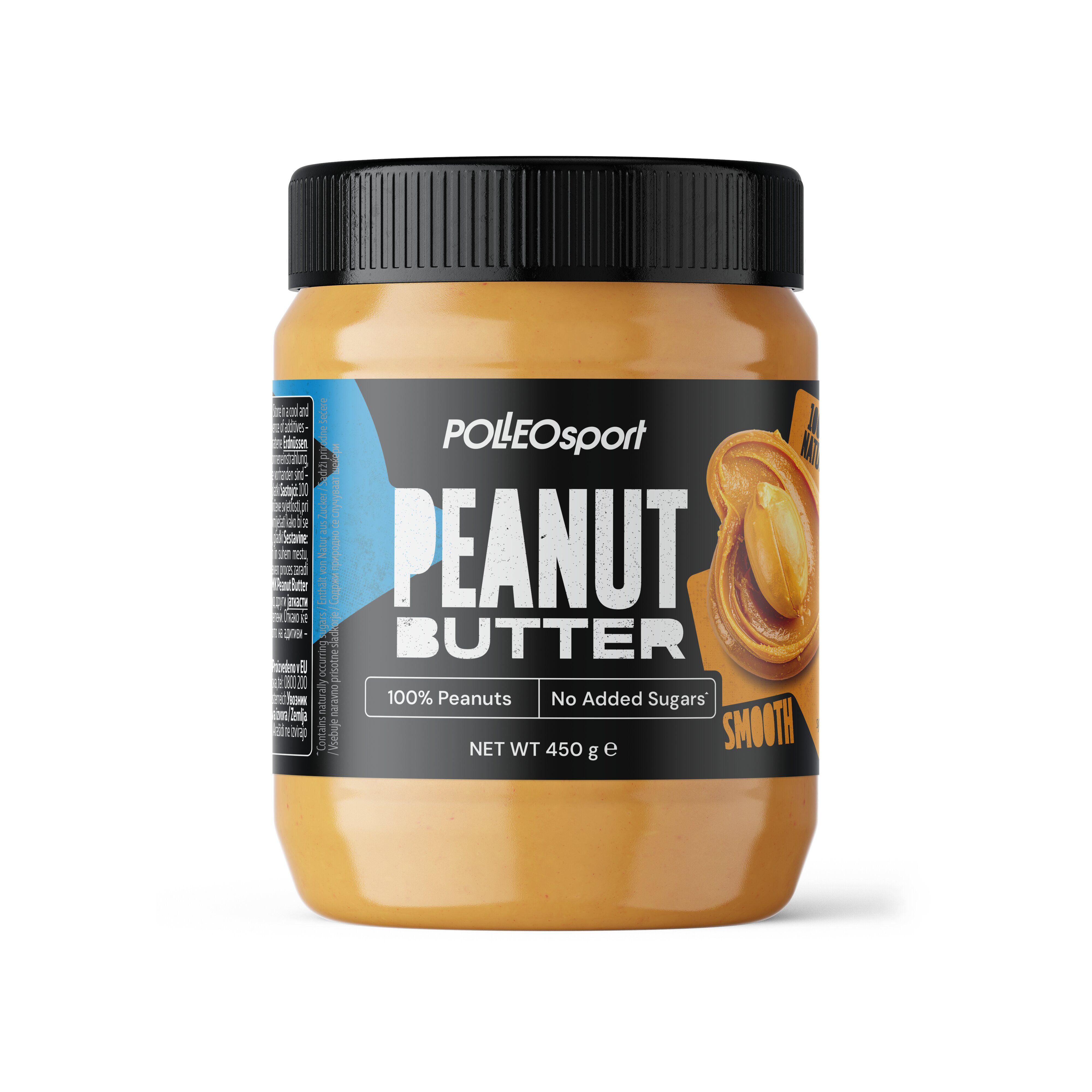 Pindakaas Polleo, pot van 450g, gladde textuur, 100% pinda's, geen toegevoegde suikers.