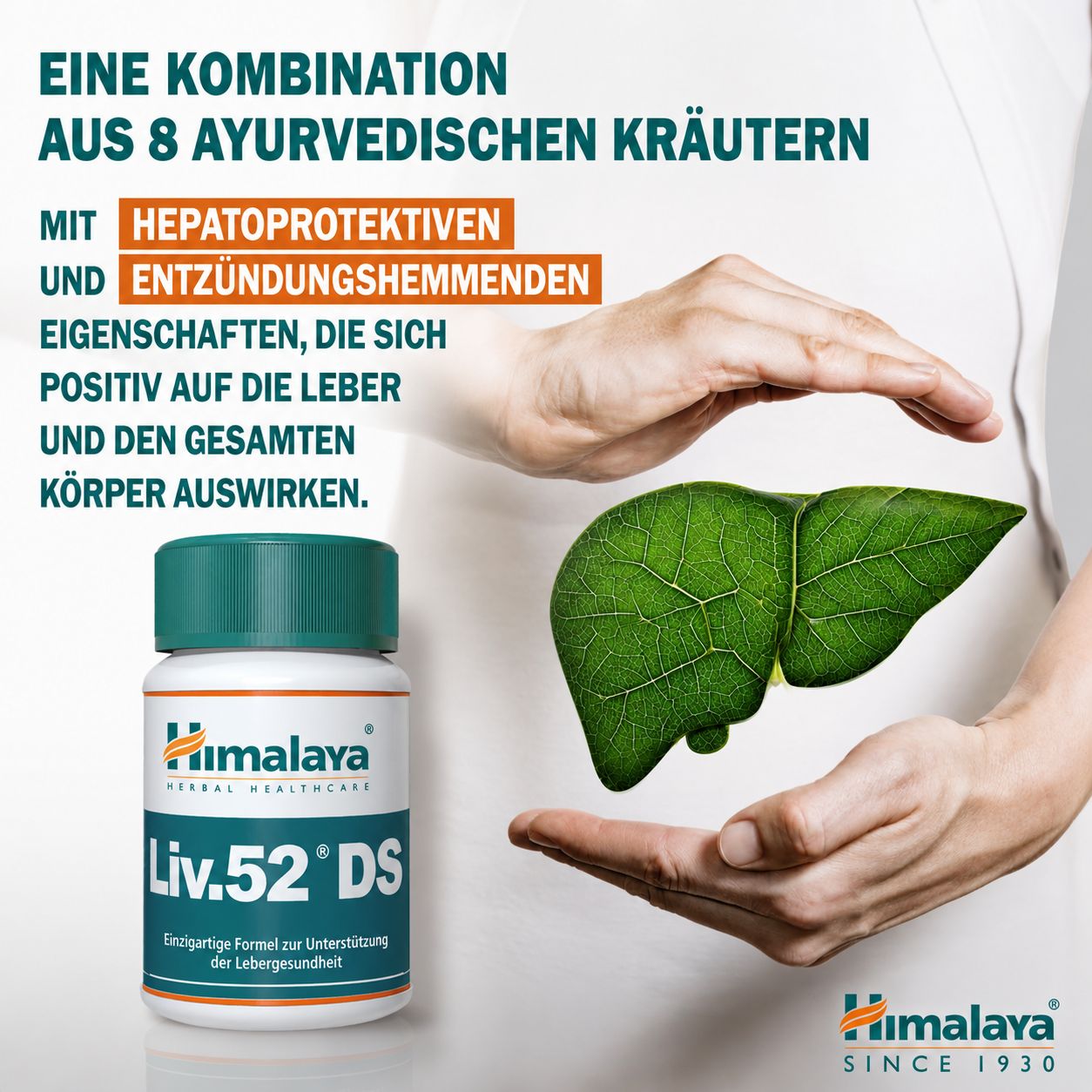 Bouteille de comprimés Himalaya Liv.52 DS et un foie stylisé, tenu par des mains.