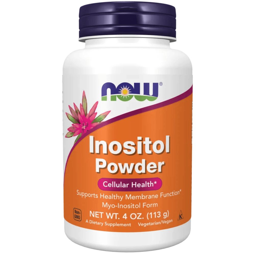 Flacon blanc avec couvercle bleu. Inositol Powder, Cellular Health. Poids net : 4 oz (113 g). Complément alimentaire.