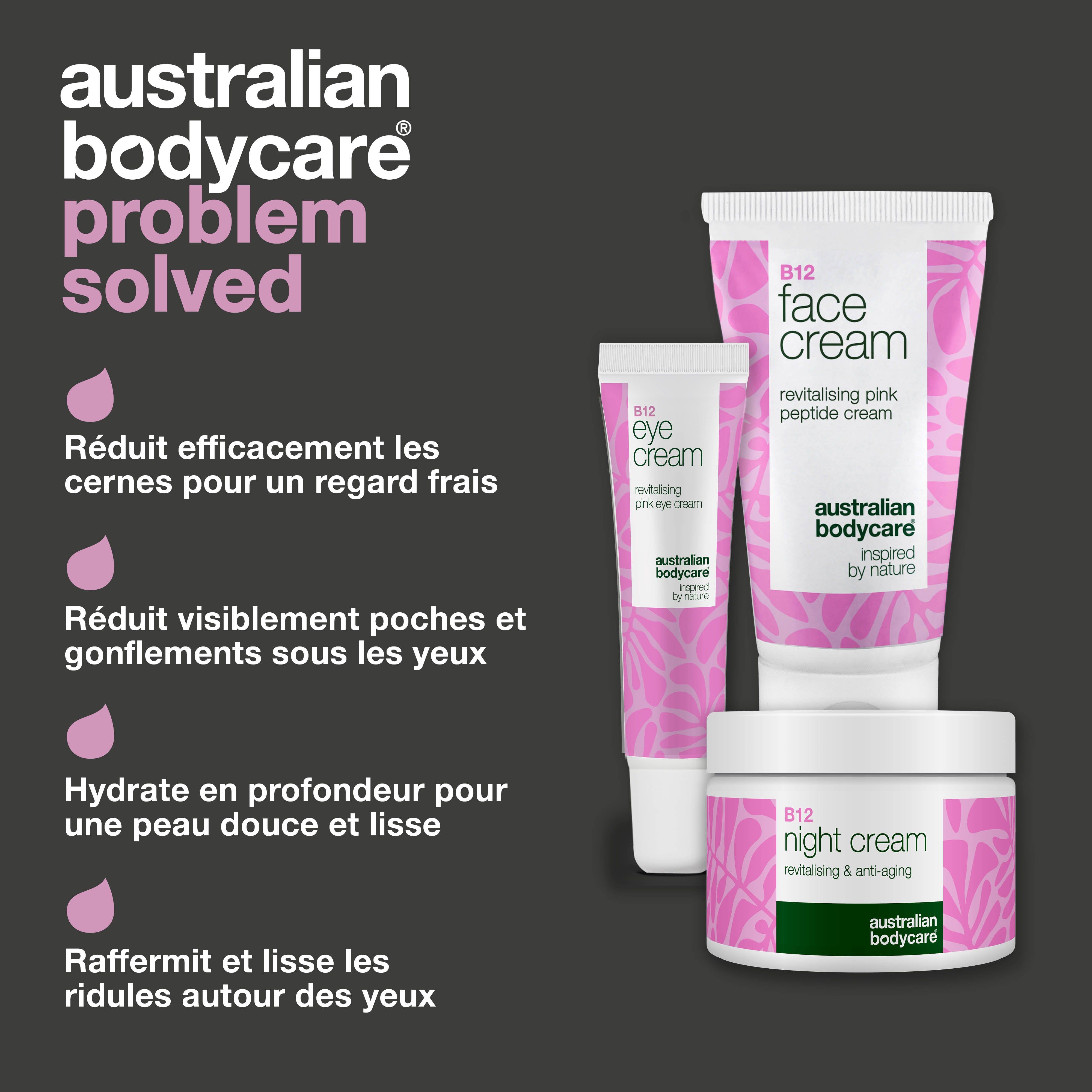 Trois produits cosmétiques : crème pour les yeux, crème pour le visage et crème de nuit. Texte : Australian Bodycare problème résolu. Gouttes roses.