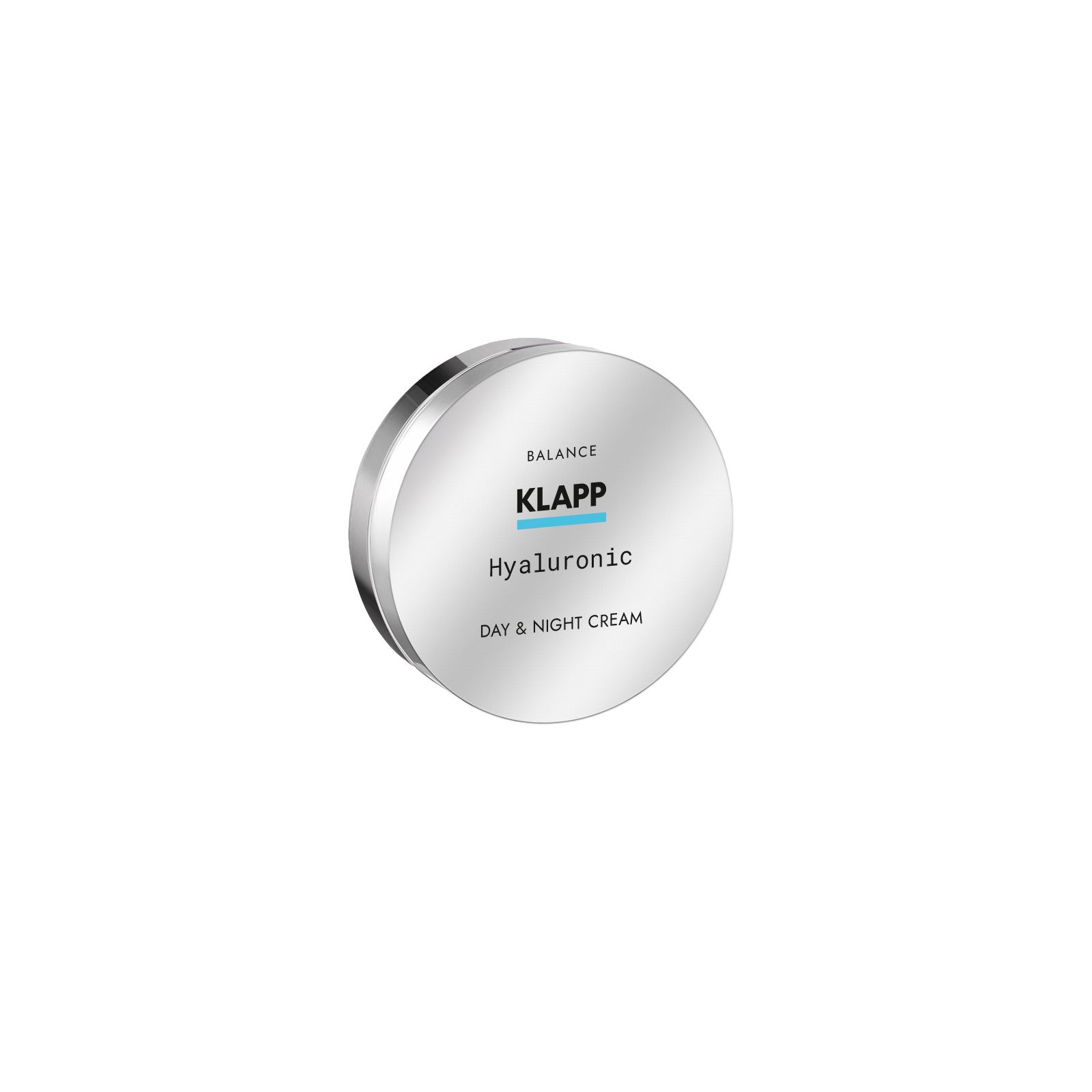 Pot Klapp Hyaluronic Day & Night Cream argenté, vue de côté.