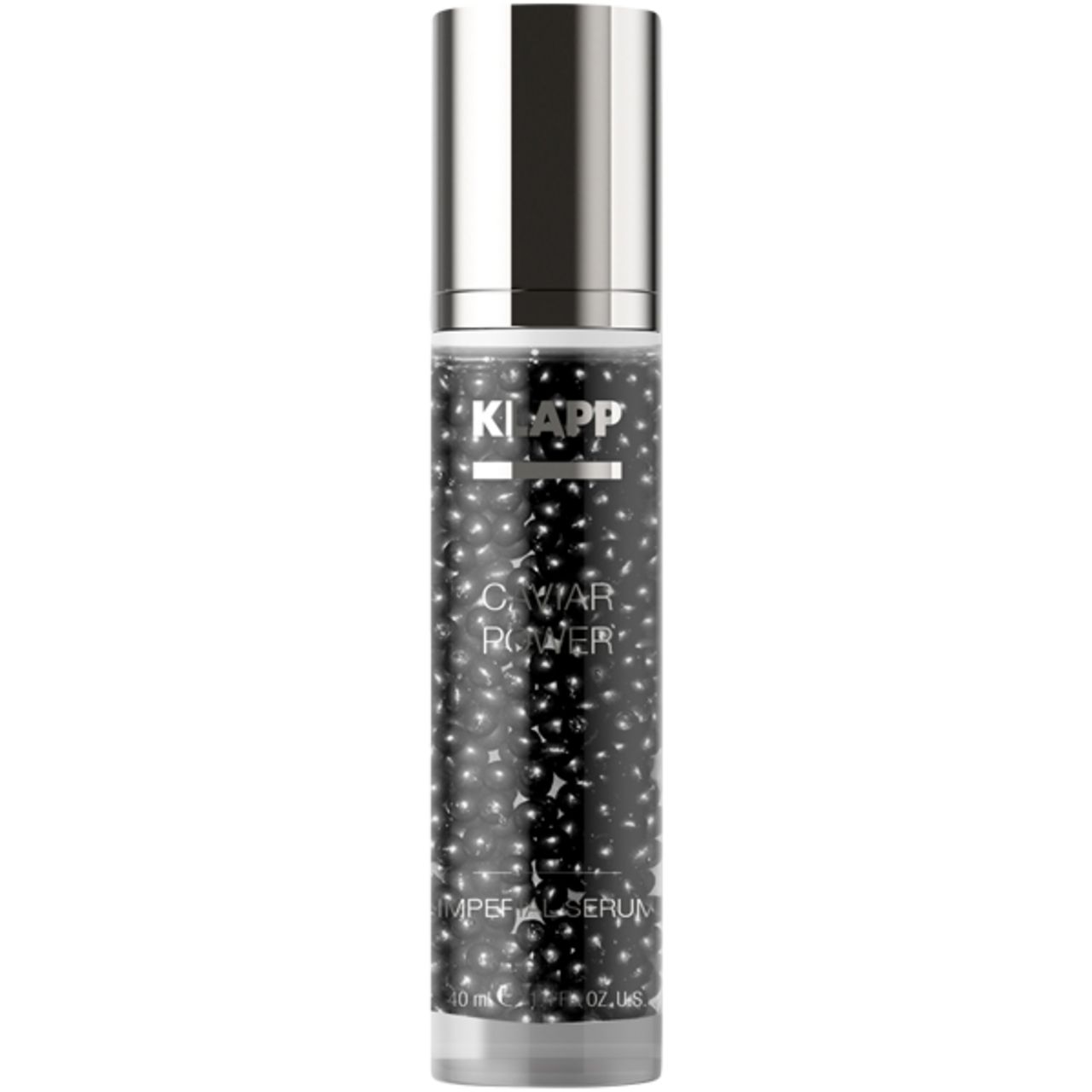 KLAPP Caviar Power Imperial Serum dans un flacon en verre avec distributeur argenté et perles noires.