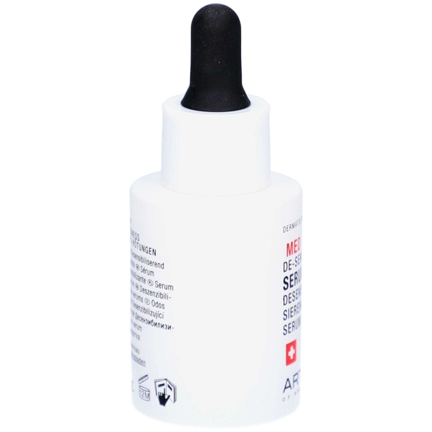 Flacon blanc avec pipette noire. Inscription: MED DE-SENSITIZE SERUM. Croix rouge et ARTEMIS.