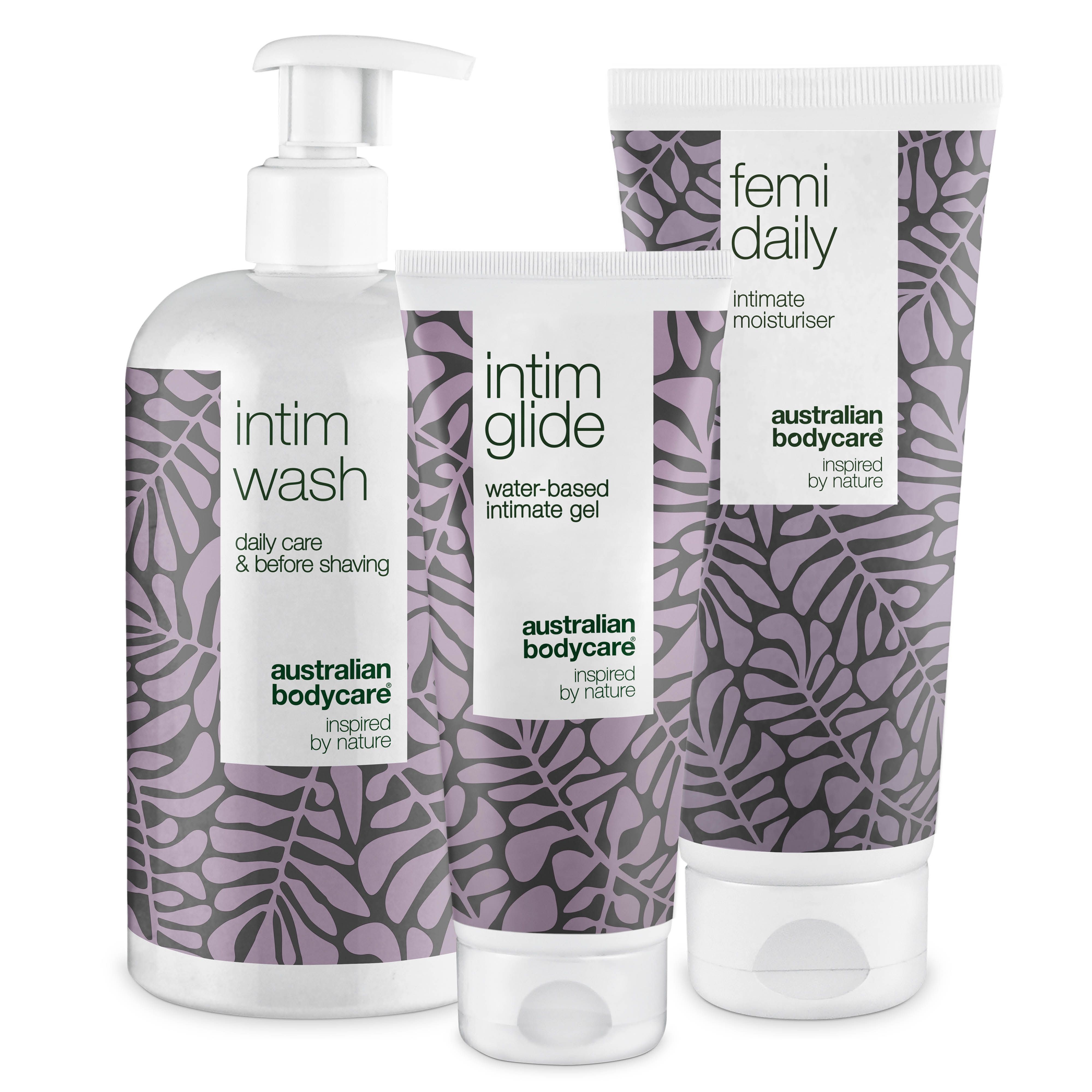 Trois produits : Intim Wash, Intim Glide et Femi Daily. Tous avec un motif de feuilles violet et fond blanc.