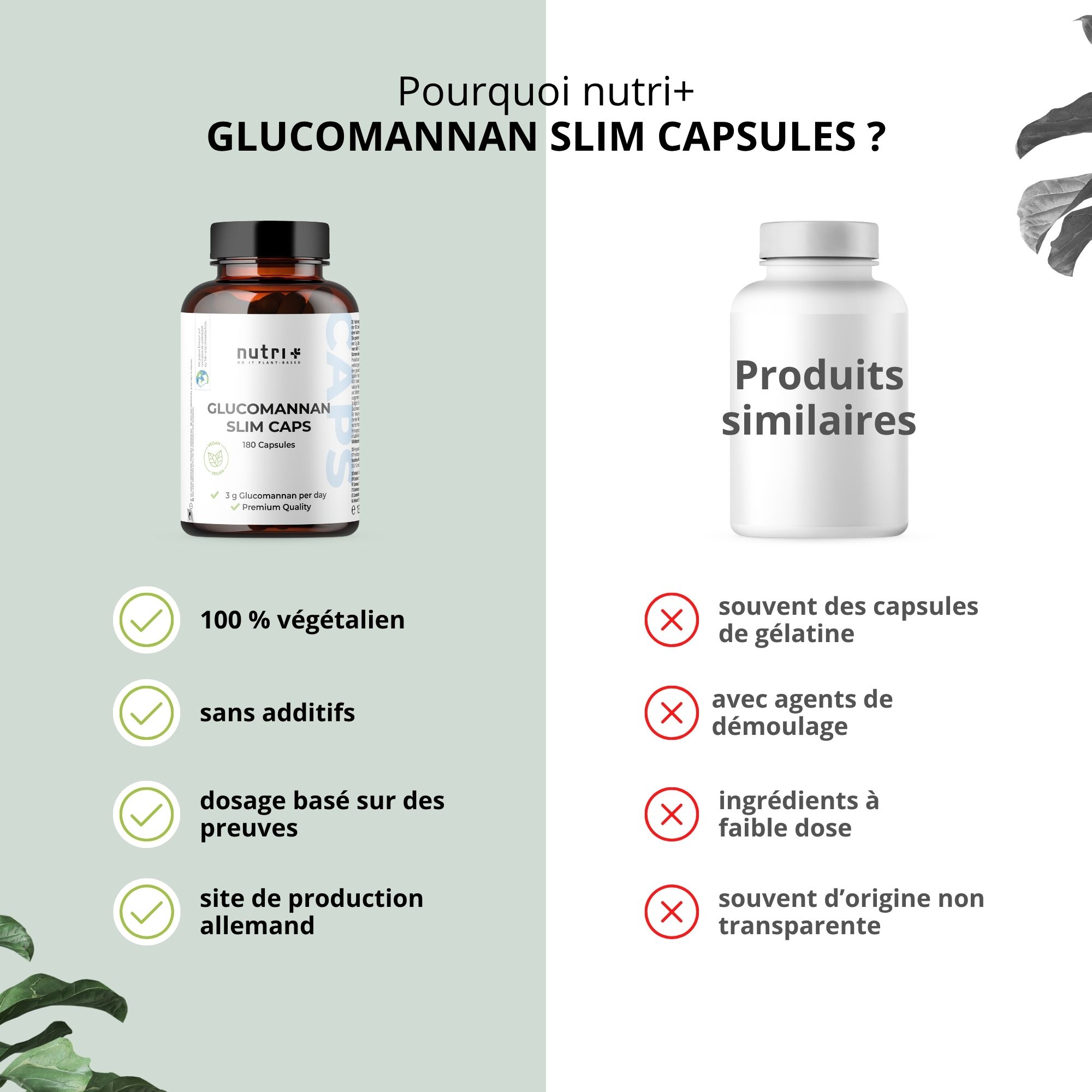 Comparaison de deux flacons. Gauche: Glucomannan Slim Caps. Droite: Produits similaires. 100% végétalien, sans additifs.