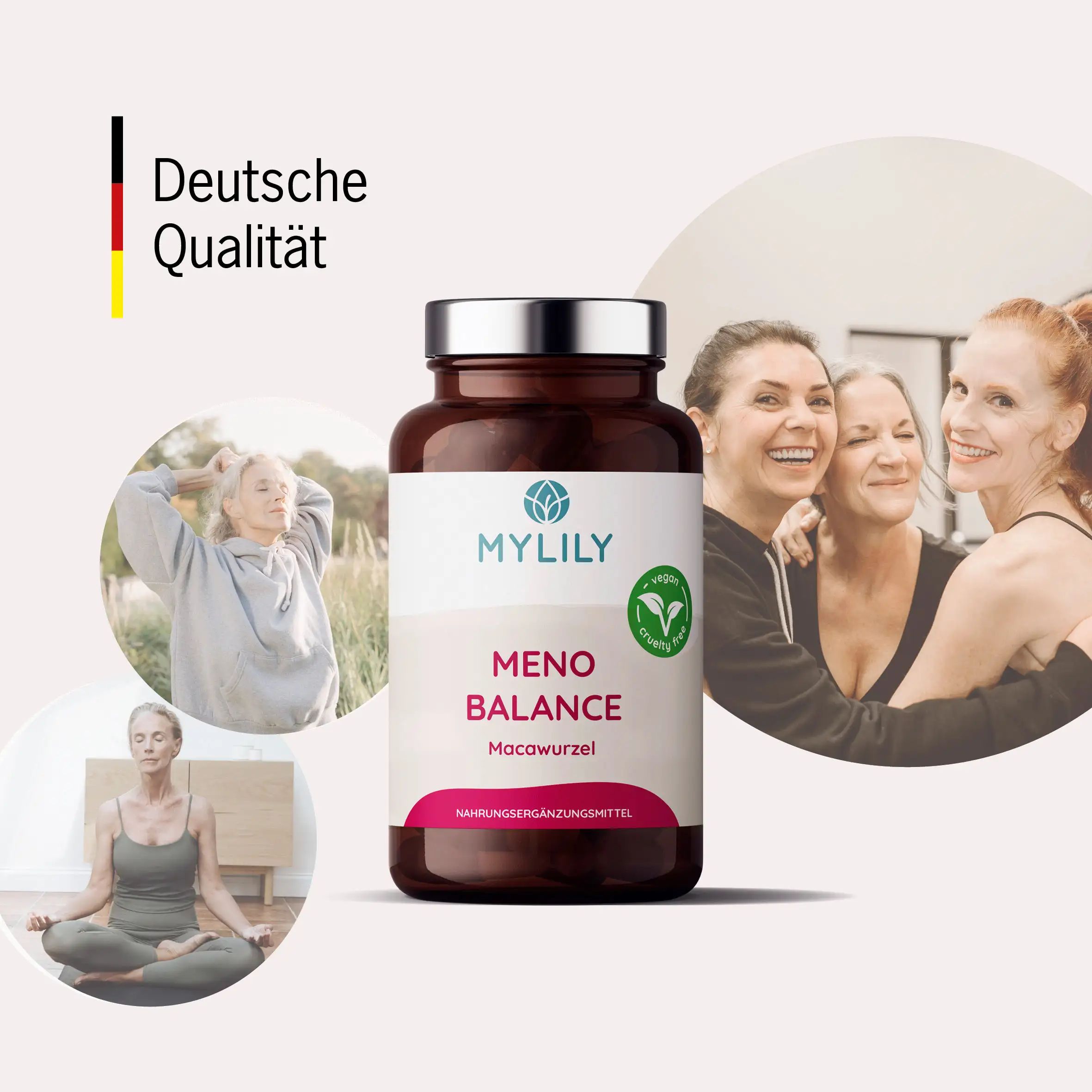 Bruine fles met etiket. Opschrift: MYLILY, Meno Balance, Maca. Vrouwen op de achtergrond. Duitse kwaliteit.