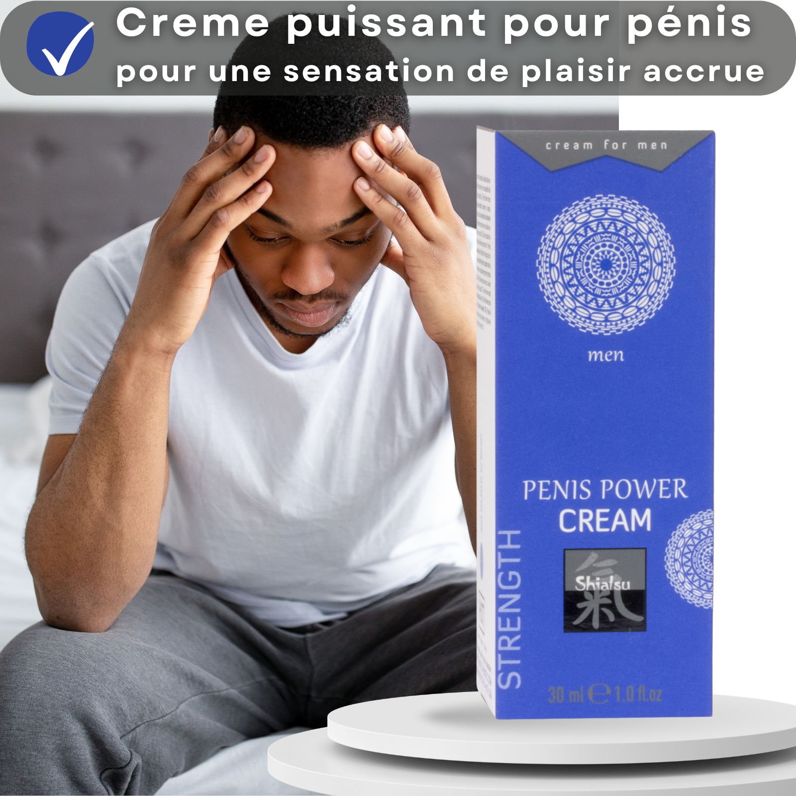 Boîte de Shiatsu Penis Power Creme, bleue, avec motif mandala, texte et sceau.