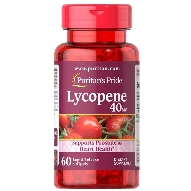 Flacon de gélules rouges. Inscription : Puritan's Pride Lycopène 40 mg. 60 gélules. Image de tomates.
