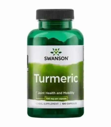 Groene fles met Swanson kurkuma capsules. 720 mg per capsule, 100 capsules.