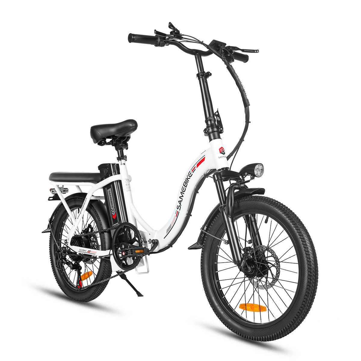 Opvouwbare e-bike, wit en zwart, met koplamp. Merk SAMEBIKE.