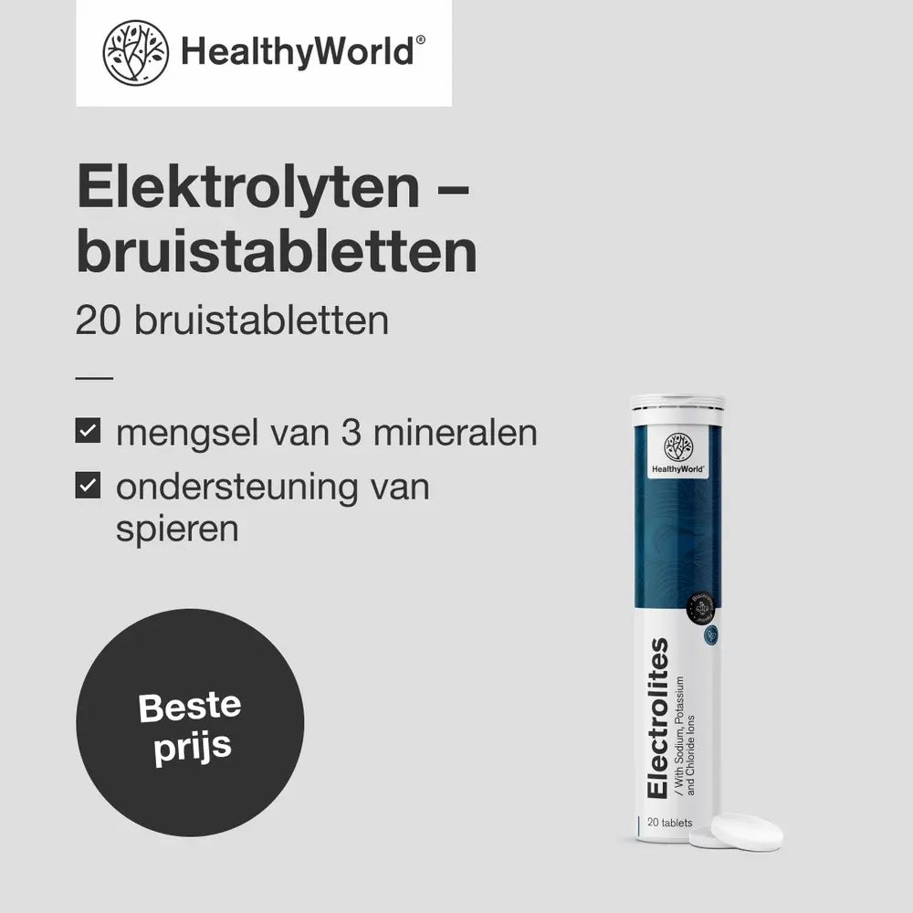 Verpakking elektrolyten bruistabletten met informatie over mineralen en spierondersteuning.