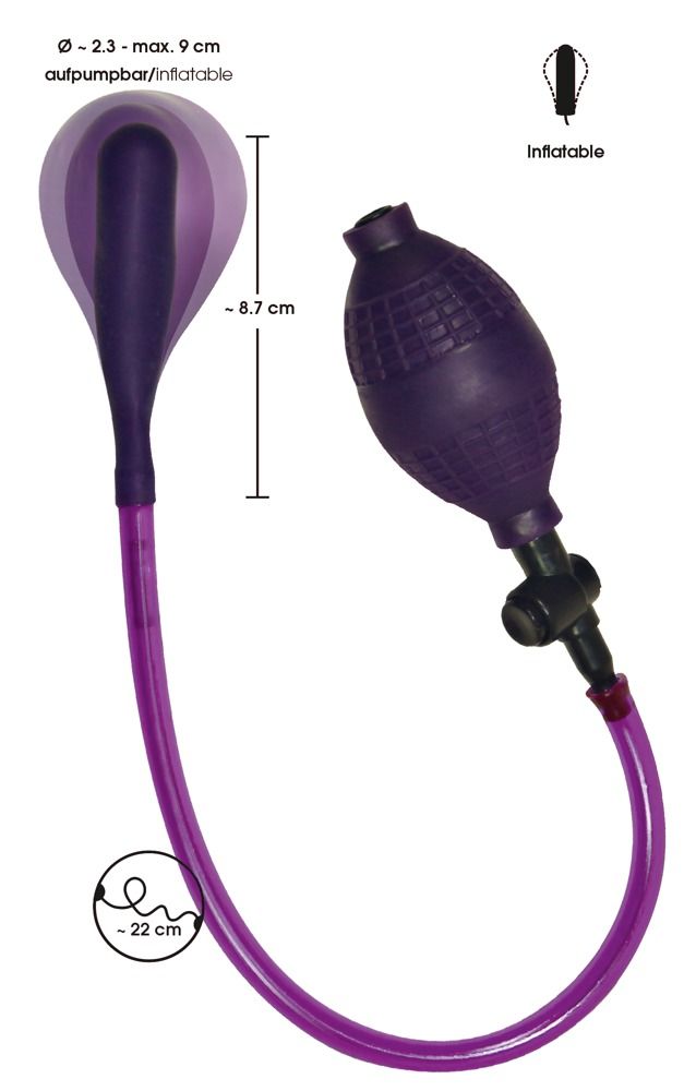 Plug anal gonflable avec pompe à main, violet. Dimensions : Ø 2,3-9 cm, 8,7 cm de long, tube env. 22 cm.