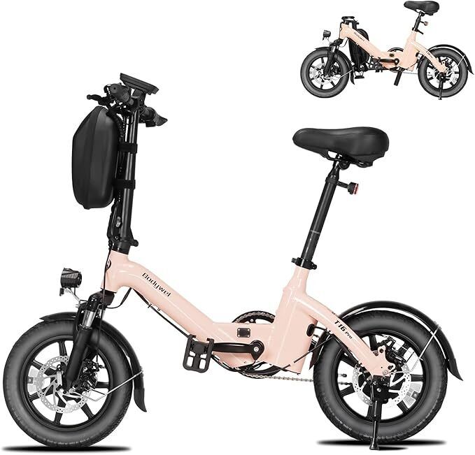 Roze opvouwbare e-bike. Zwarte banden, zadel en spatborden. Merk: Bodywel, model: T16 Pro. Tweede afbeelding rechtsboven.