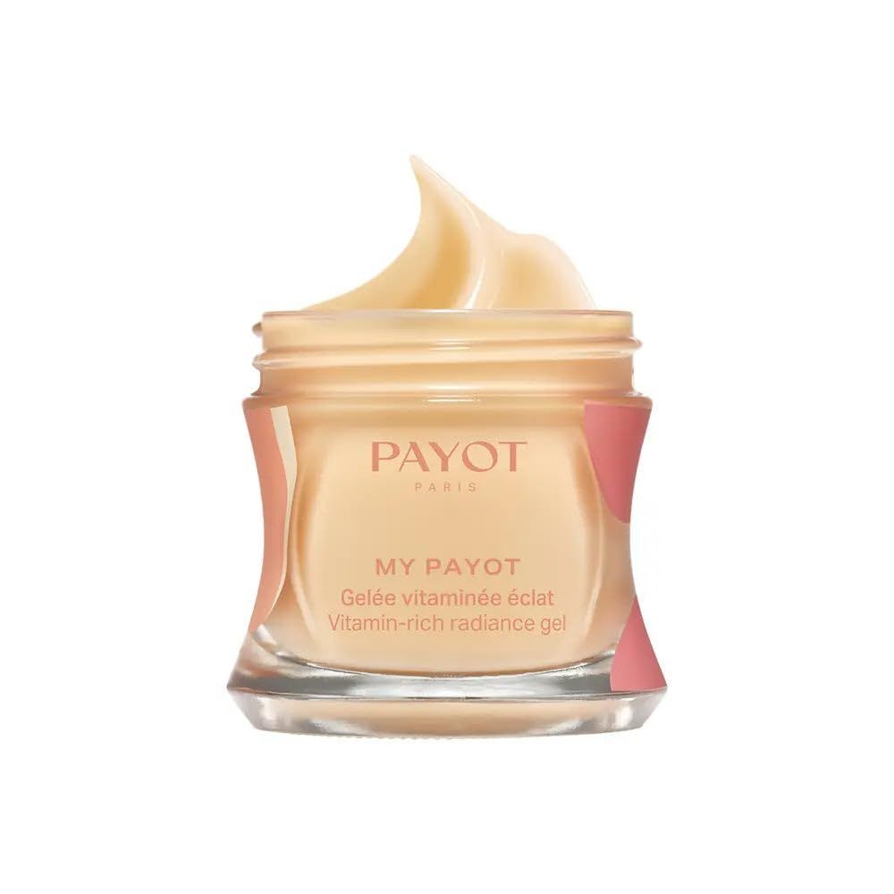 Open glazen pot met roze accent. Opschrift PAYOT PARIS, MY PAYOT, Gelee vitaminée éclat, Vitamin-rich radiance gel.
