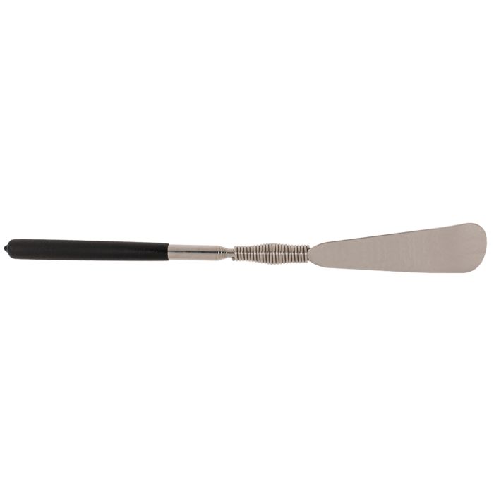 Chausse-pied extensible plié. Manche noir, tige et cuillère argentées. Métal.