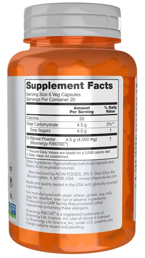 Dos du flacon. Informations nutritionnelles. Contient de la poudre de D-Ribose. Fabriqué par NOW FOODS. Certifié GMP.