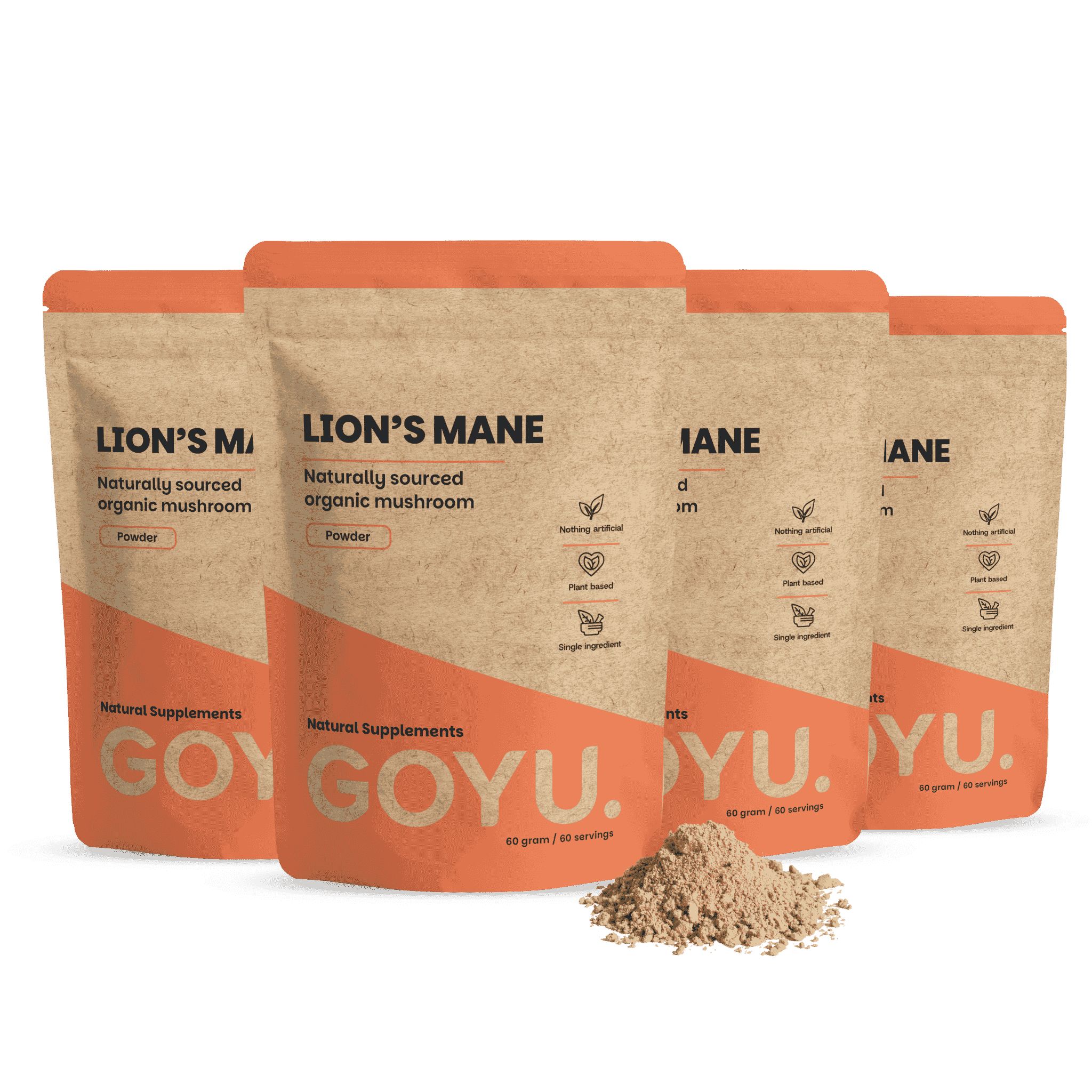 Quatre paquets de poudre de Lion's Mane GOYU, champignon bio d'origine naturelle.