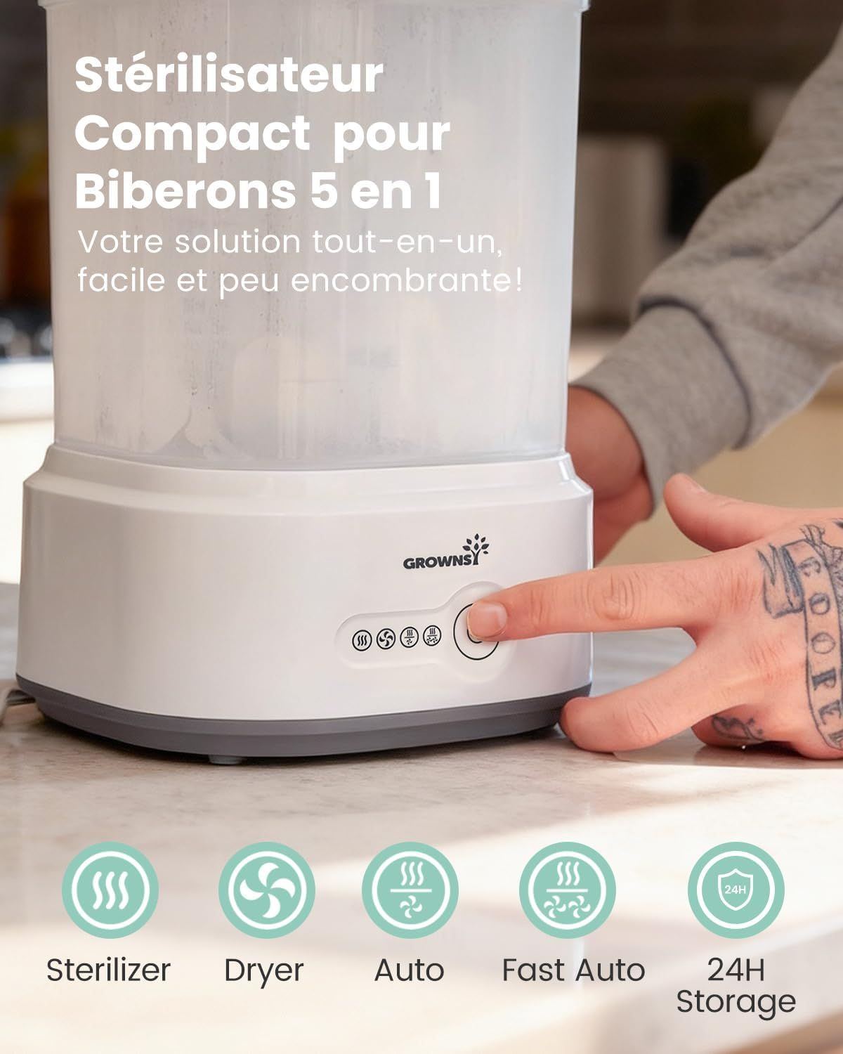Stérilisateur et sèche-biberon blanc avec panneau de commande et icônes pour stérilisation, séchage, automatique, automatique rapide et stockage 24h.