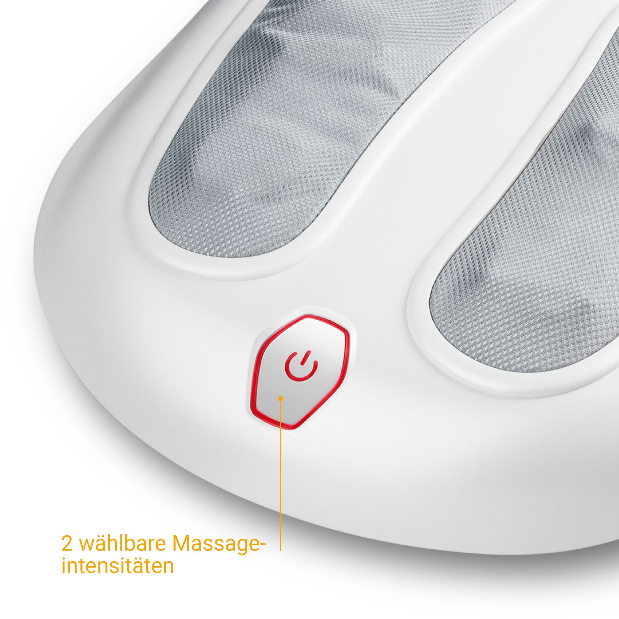 Gros plan du bouton d'alimentation d'un masseur de pieds Shiatsu, avec l'étiquette '2 intensités de massage sélectionnables'.