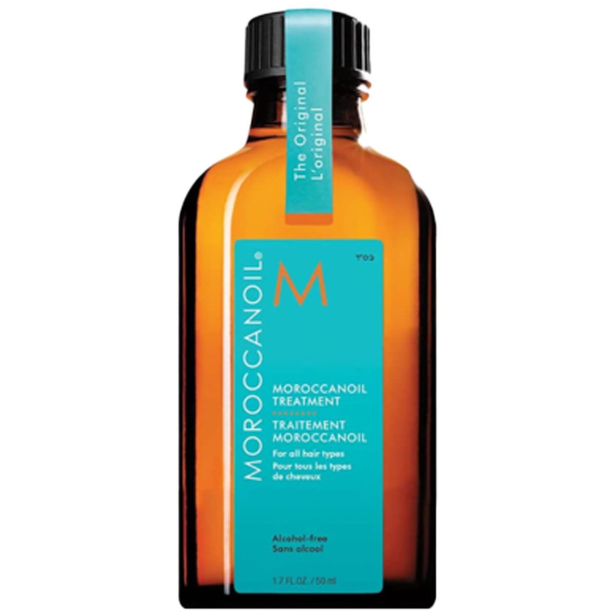 Traitement Moroccanoil dans un flacon en verre ambré avec étiquette turquoise et bouchon noir.