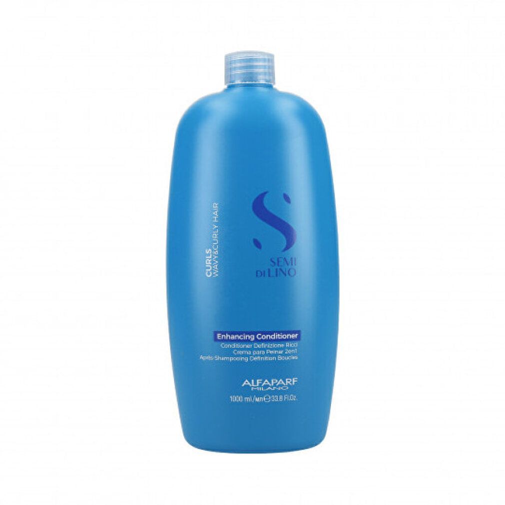 Flacon bleu Alfaparf Milano Sèmi di Lino Enhancing Conditioner pour cheveux ondulés et bouclés, 1000 ml.