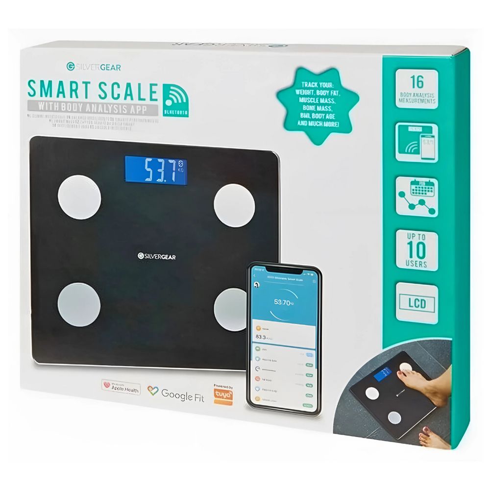 Emballage d'une balance connectée avec application. Balance, smartphone et fonctions de l'application.