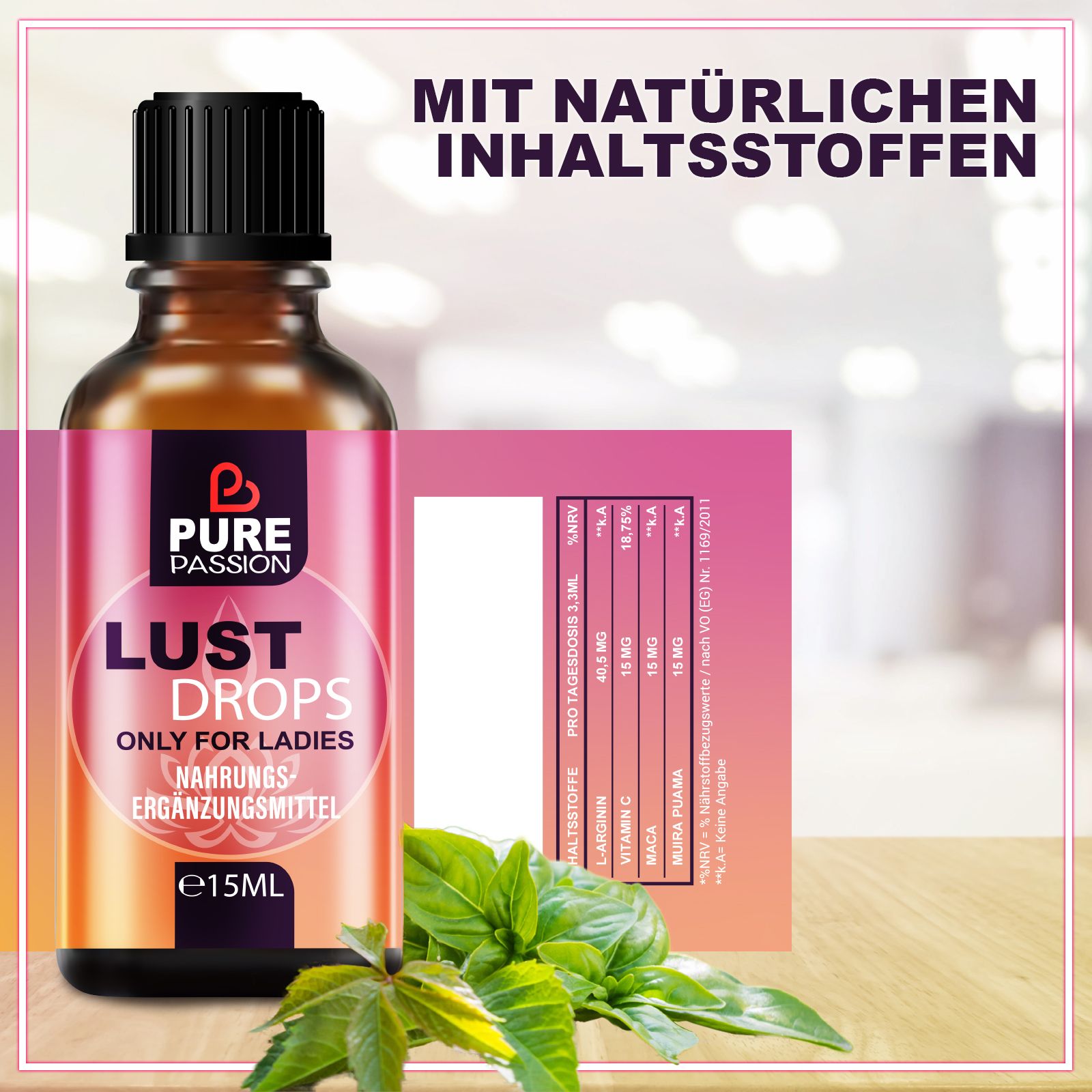Flacon du produit avec étiquette et tableau nutritionnel. Texte : "Avec des ingrédients naturels". Flacon "Pure Passion Lust Drops".