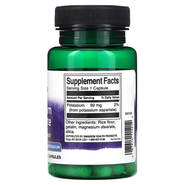 Dos d'un flacon vert. Inscription: Supplement Facts, Potassium 99 mg, ingrédients, Swanson Health Products.
