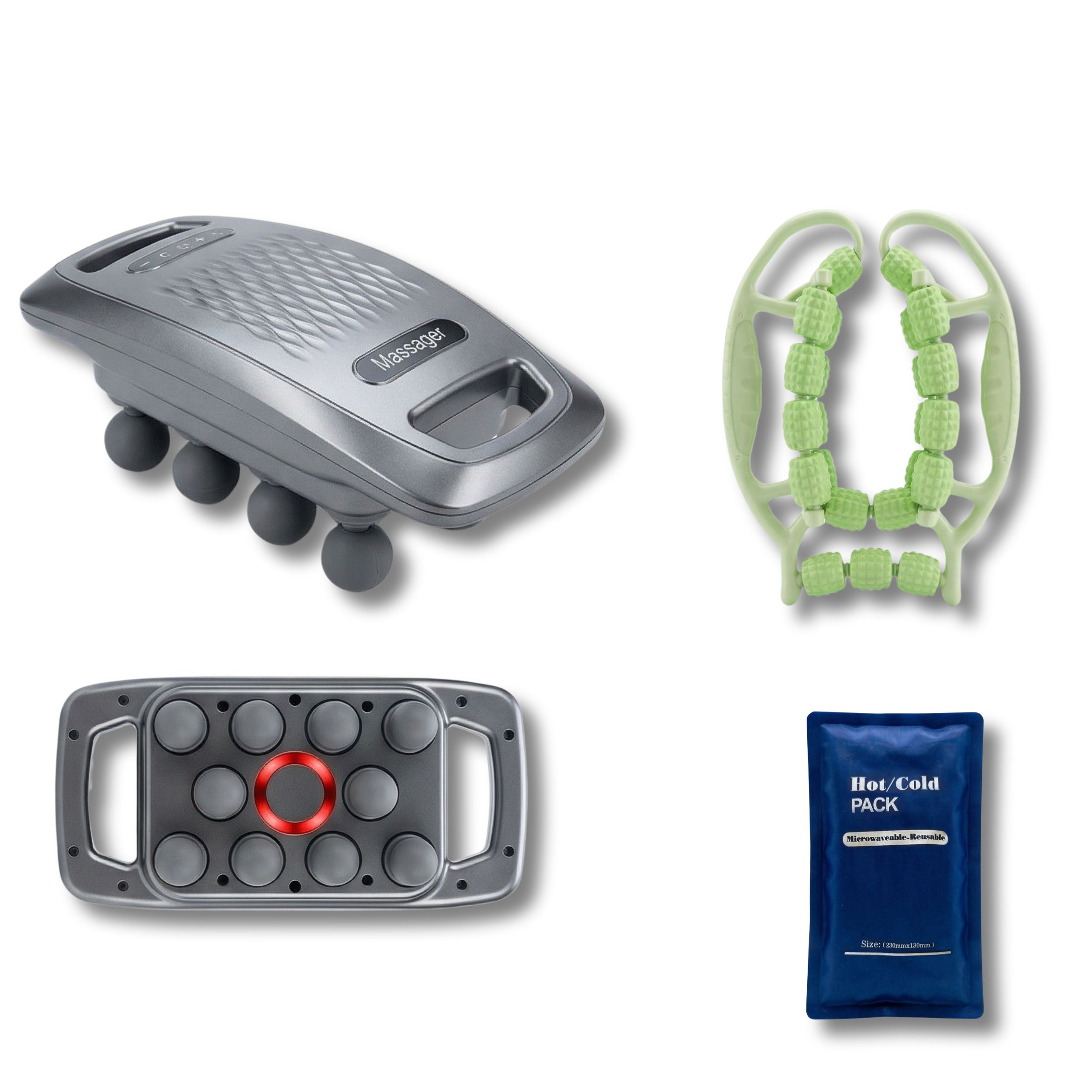 Massageapparaat, spierrol en gelpack. Massageapparaat grijs, met ballen. Rol groen. Gelpack blauw, met opschrift.
