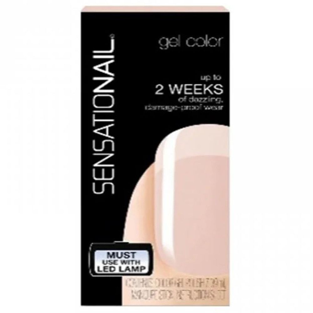 Emballage de vernis gel Sensationail. Fond noir avec nom du produit. Texte: 2 semaines de tenue, nécessite une lampe LED.