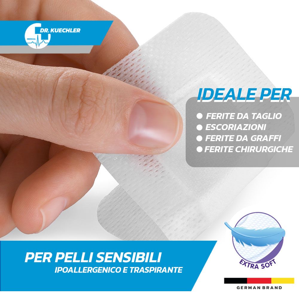 Gros plan d'un pansement blanc. Texte : Idéal pour, pour peaux sensibles, hypoallergénique et respirant.