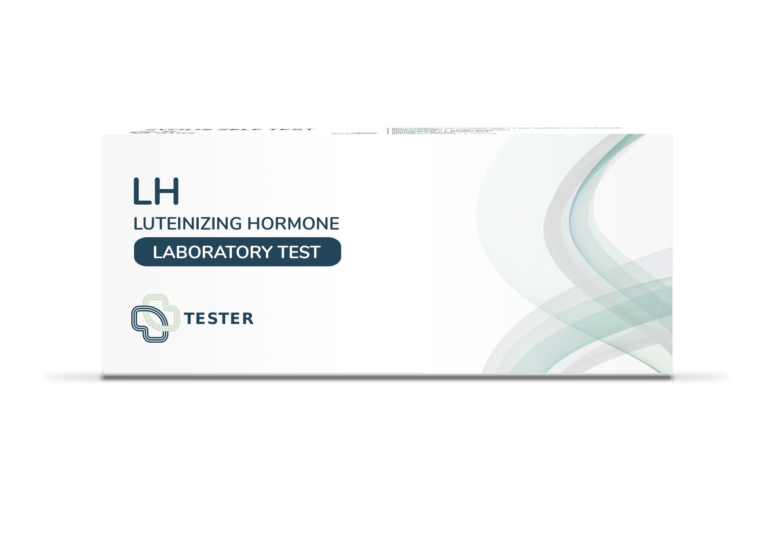 Verpakking van The Tester - LH-Test. Opschrift: LH, Luteïniserend Hormoon, Laboratoriumtest. Logo en tekst Tester.
