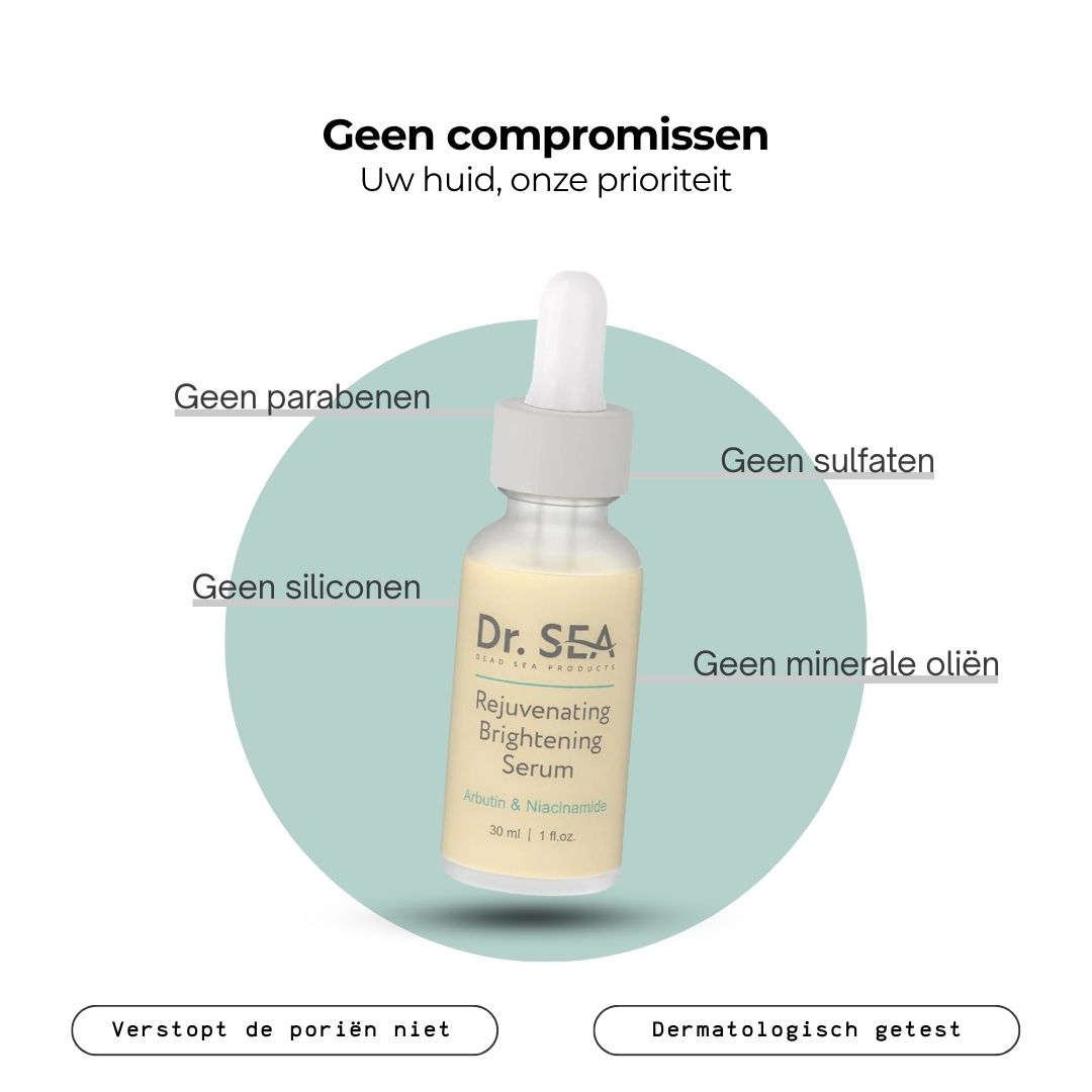 Serumfles met tekst. Tekst: Dr. SEA, Rejuvenating Brightening Serum, Arbutin & Niacinamide. Met infographic.