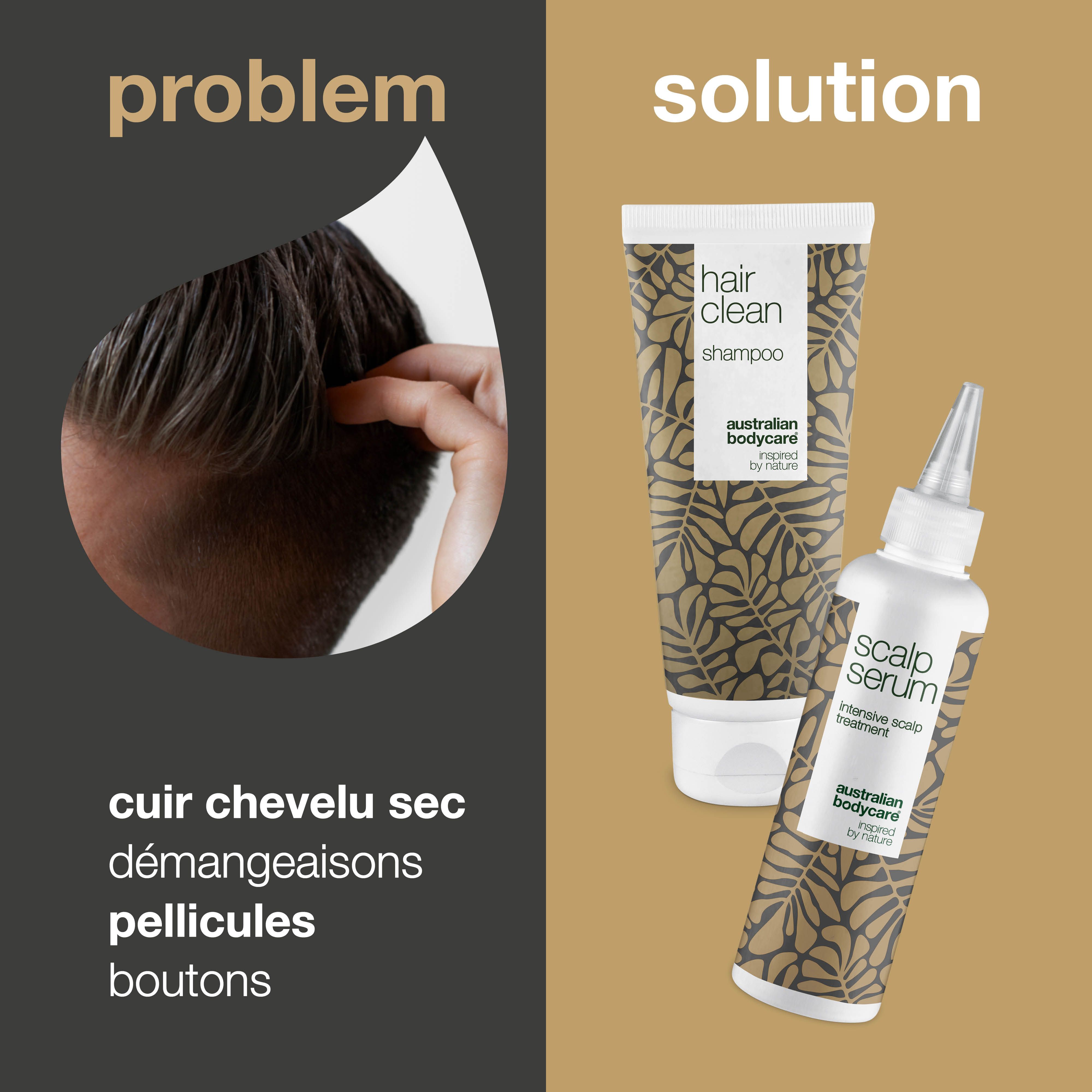 Problème : cuir chevelu sec, démangeaisons, pellicules, boutons. Solution : shampooing et sérum cuir chevelu. Marque : Australian Bodycare.