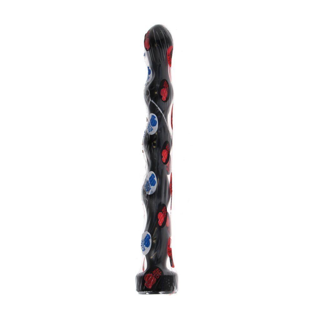 Zwarte vibrator met rode en blauwe hartjes, golvende schacht.