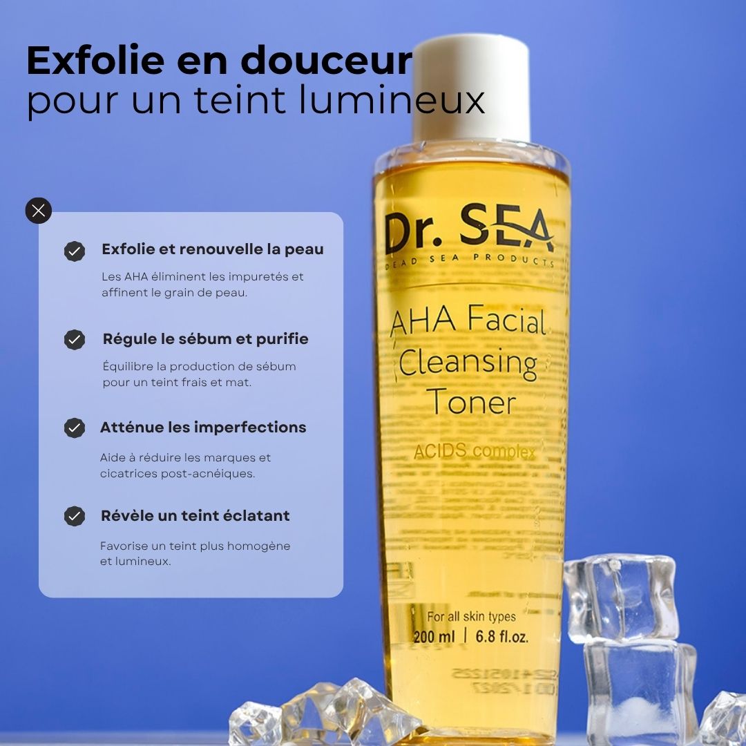 Dr. SEA AHA Facial Cleansing Toner. Liquide jaune en flacon blanc. Texte : AHA Facial Cleansing Toner.