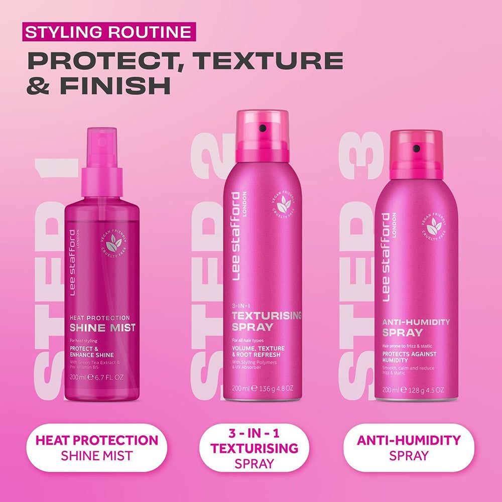 Routine coiffure Lee Stafford : Brume protectrice, Spray Texturisant 3-en-1, Spray Anti-Humidité.