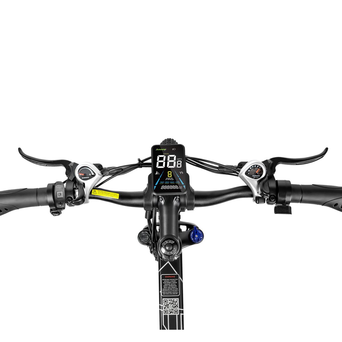 Guidon de vélo électrique noir. Écran numérique affichant la vitesse et d'autres informations.
