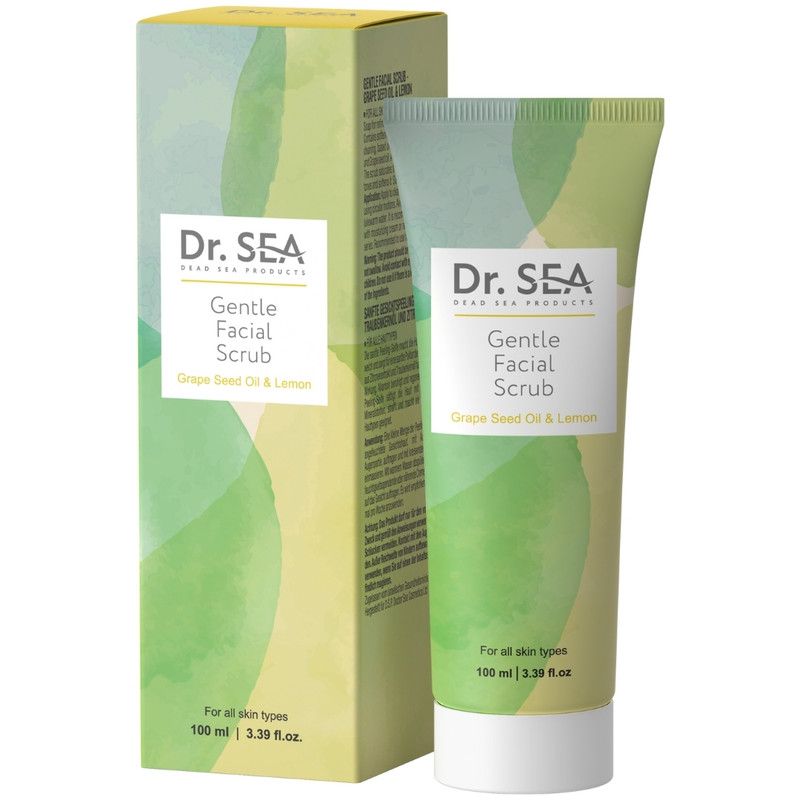 Gezichtsscrub tube en doos. Opschrift: Dr. SEA, Gentle Facial Scrub, Grape Seed Oil & Lemon. Voor alle huidtypes.