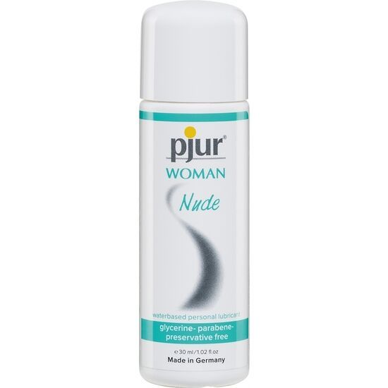 Flacon blanc "pjur woman nude". Bande turquoise avec texte. Fabriqué en Allemagne.