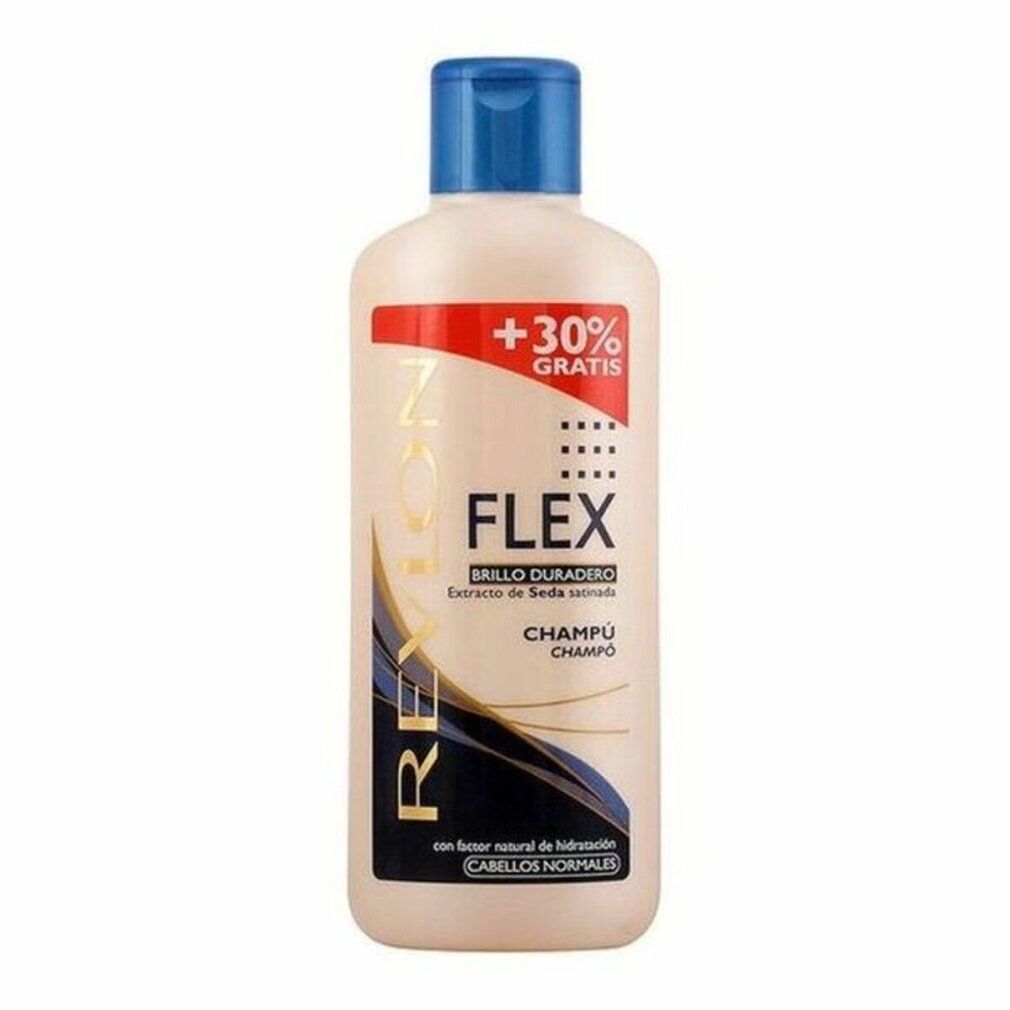 Flacon de shampooing Revlon Flex, blanc avec bouchon bleu. Texte: Flex, Shampooing, +30% gratuit, Brillo Duradero.
