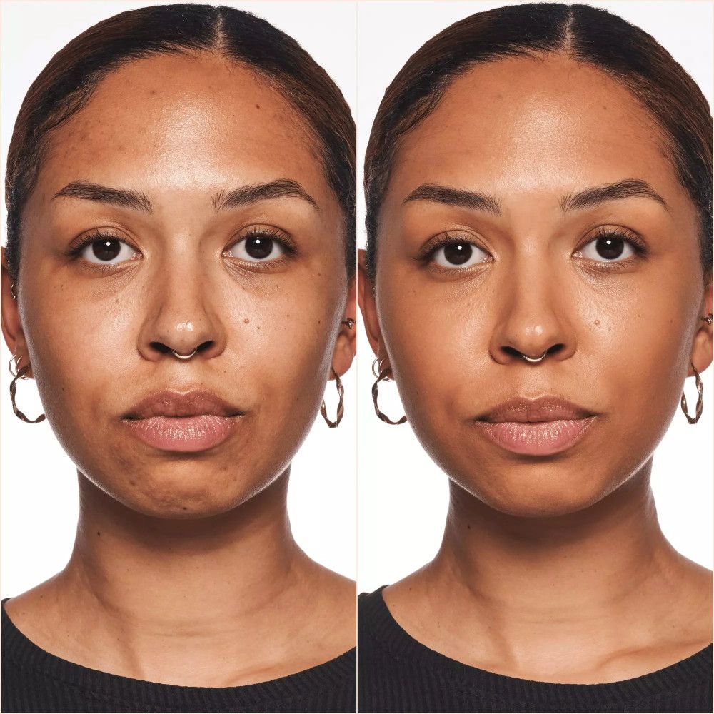 Image avant-après d'une femme. Gauche : imperfections cutanées. Droite : peau lisse. Catrice HD Liquid Coverage Foundation.
