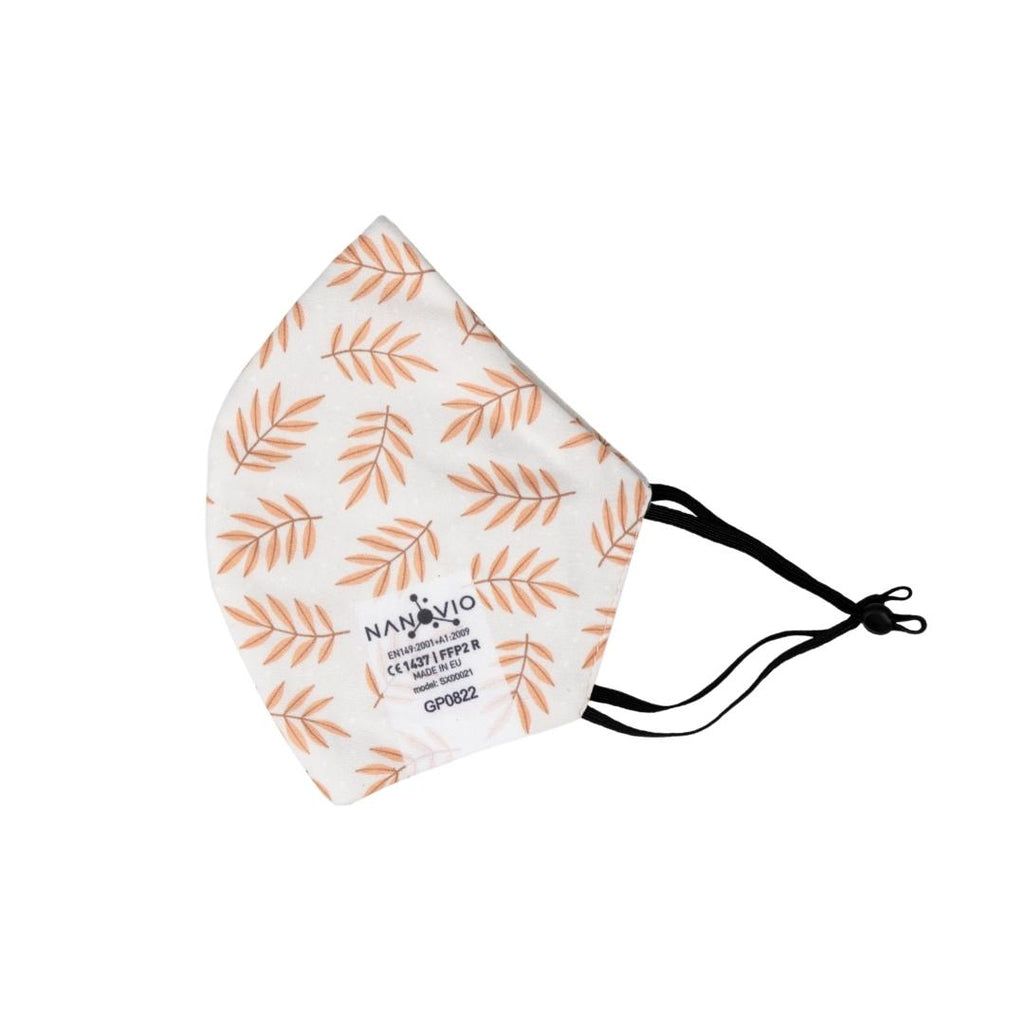 Masker met bladmotief. Merk Nanovio, CE-markering en zwarte riemen.