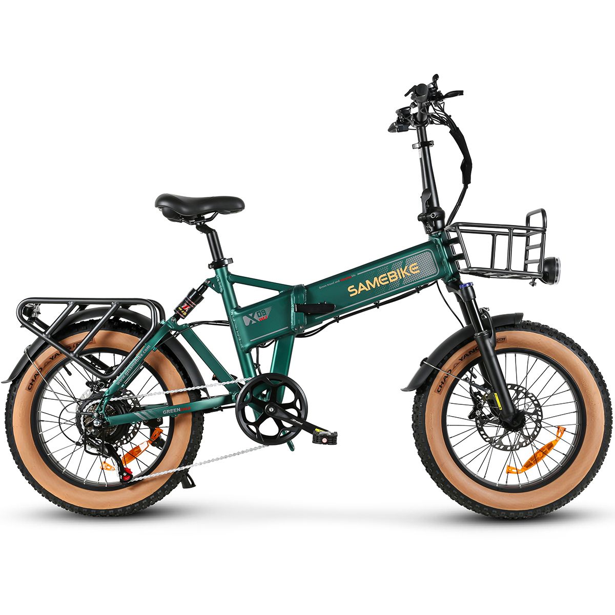 Groene SAMEBIKE XWLX09-II elektrische fiets met mand, bagagedrager en brede banden. Zwarte details, bruine banden.